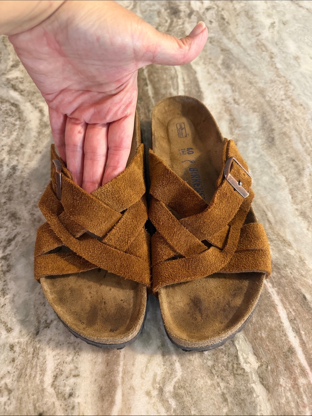 Birkenstock Brown Suede Crisscross Slide Sandals